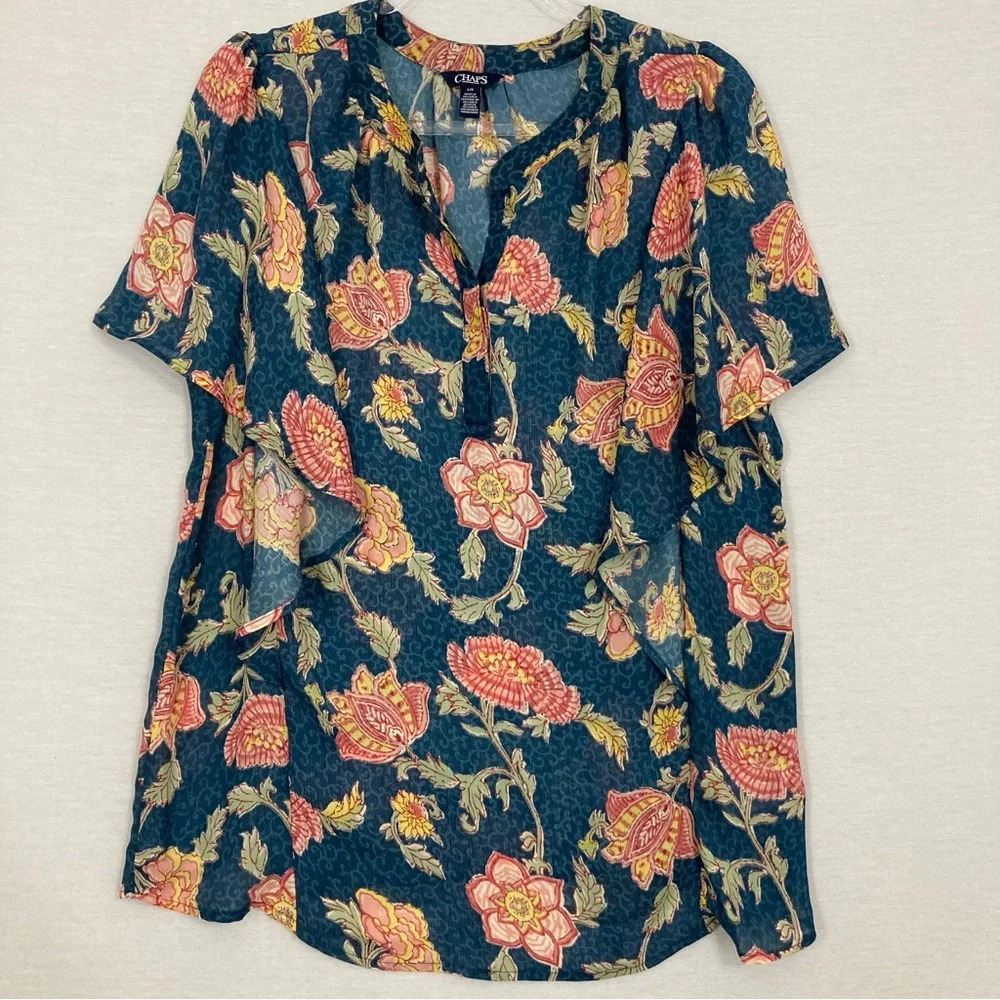 Chaps Blue Red Floral Soft Comfy Lightweight Short Sleeve Popover Top Large